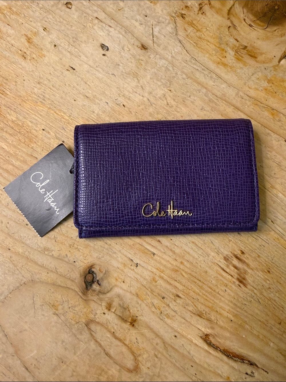 Cole Haan Purple Textured Leather Business Card Case with Gold Logo